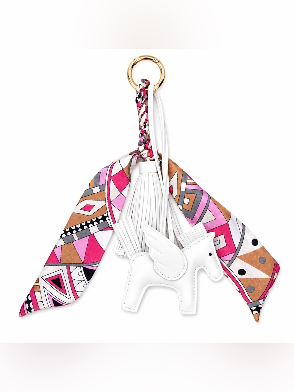 Pegasus White Horse Charm Keyring with Pink Geometric Scarf
